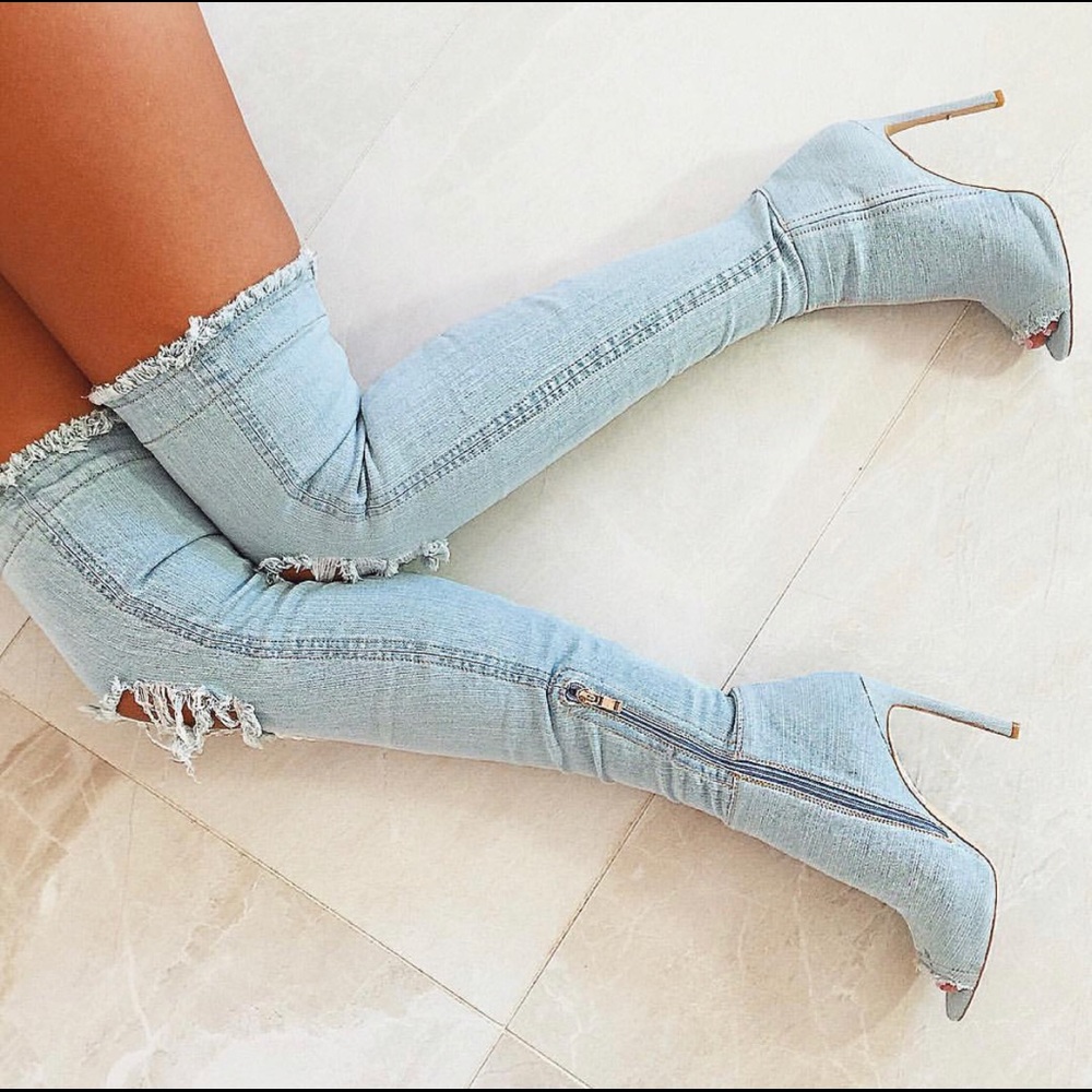 Light Blue DENIM Ripped Thigh High Boots YEEZY 6